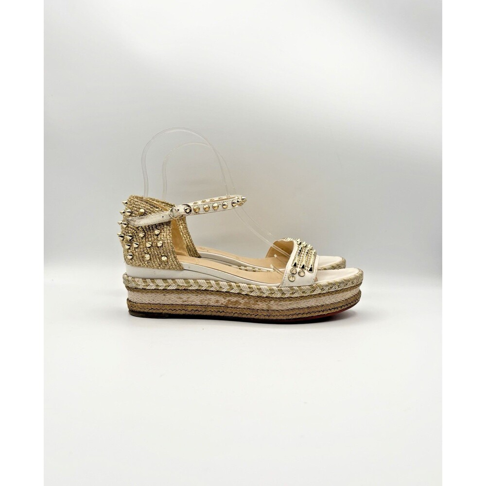 Christian Louboutin Madmonica 60 White Leather Gold Spike Wedge Espadrille EU 37